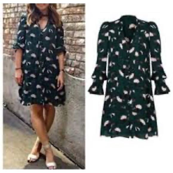 Derek Lam 10 Crosby Green Scribble Print Ruffle Sleeve Dress 100% Silk Flowy